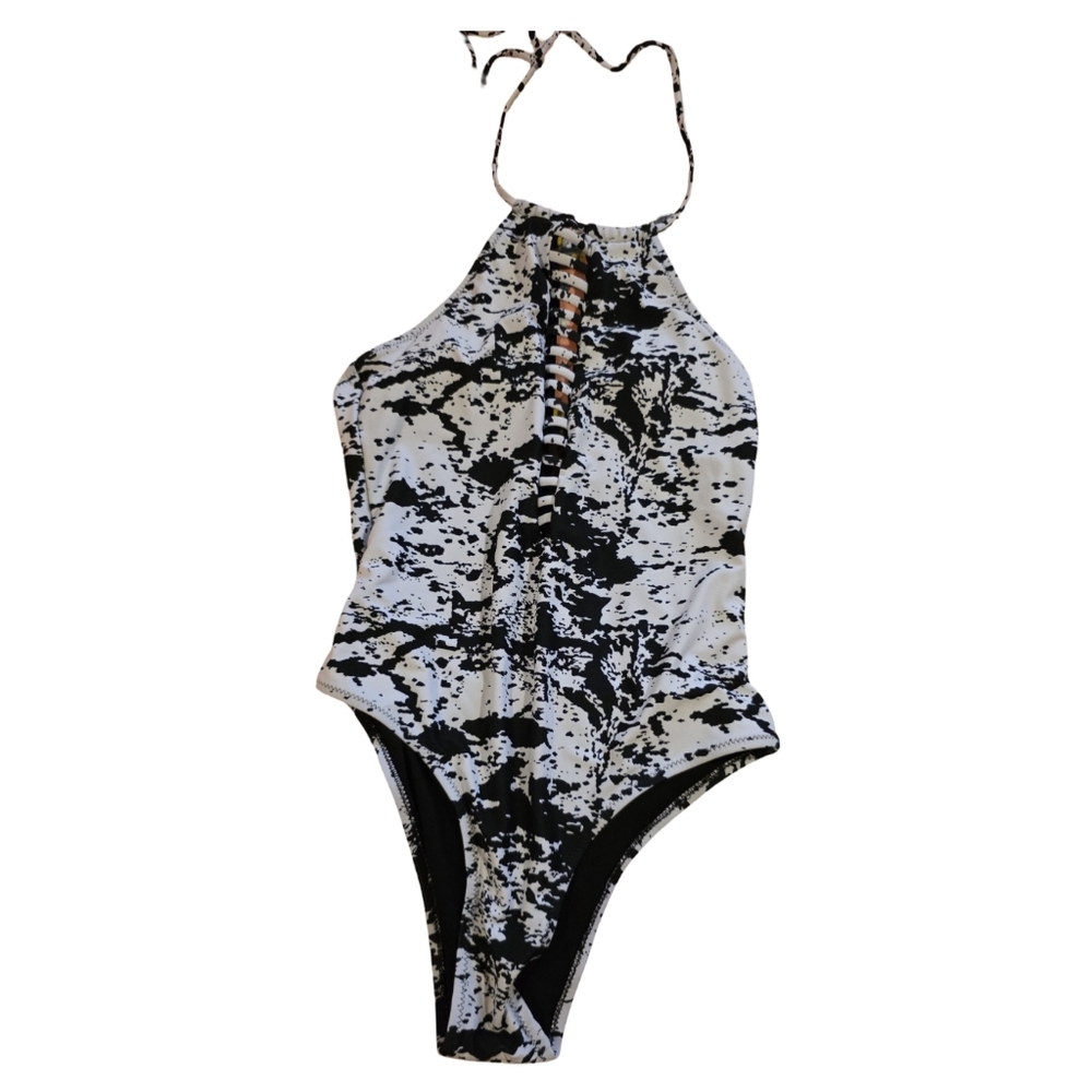 Cupshe Black & White Marble Print One-Piece Swimsuit • Size S • Lace-Up Halter
